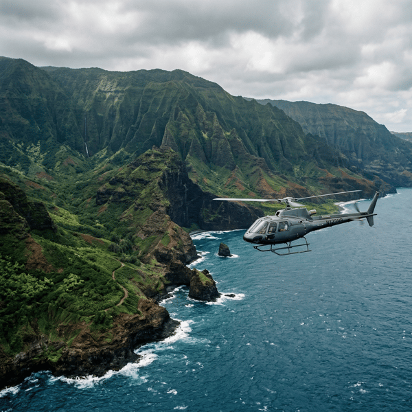 Helicopter Flying Over the Hawaiian Coastline