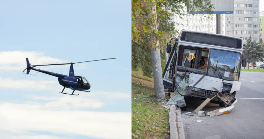 A helicopter in flight beside a city bus crashed into a roadside tree
