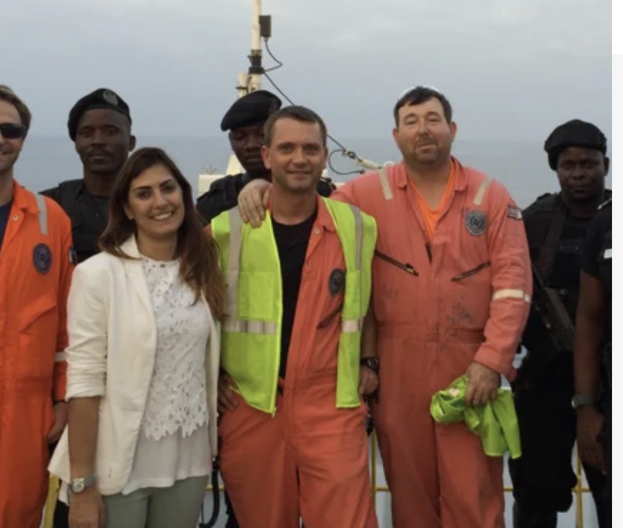 Buckey S. with workers on an offshore deck during a work assignment off Africa.