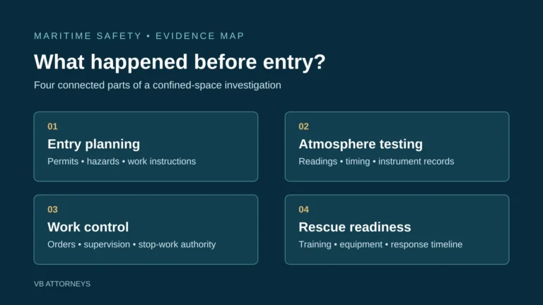 Evidence map connecting entry planning, atmosphere testing, work control and rescue readiness to a shipboard confined-space investigation.