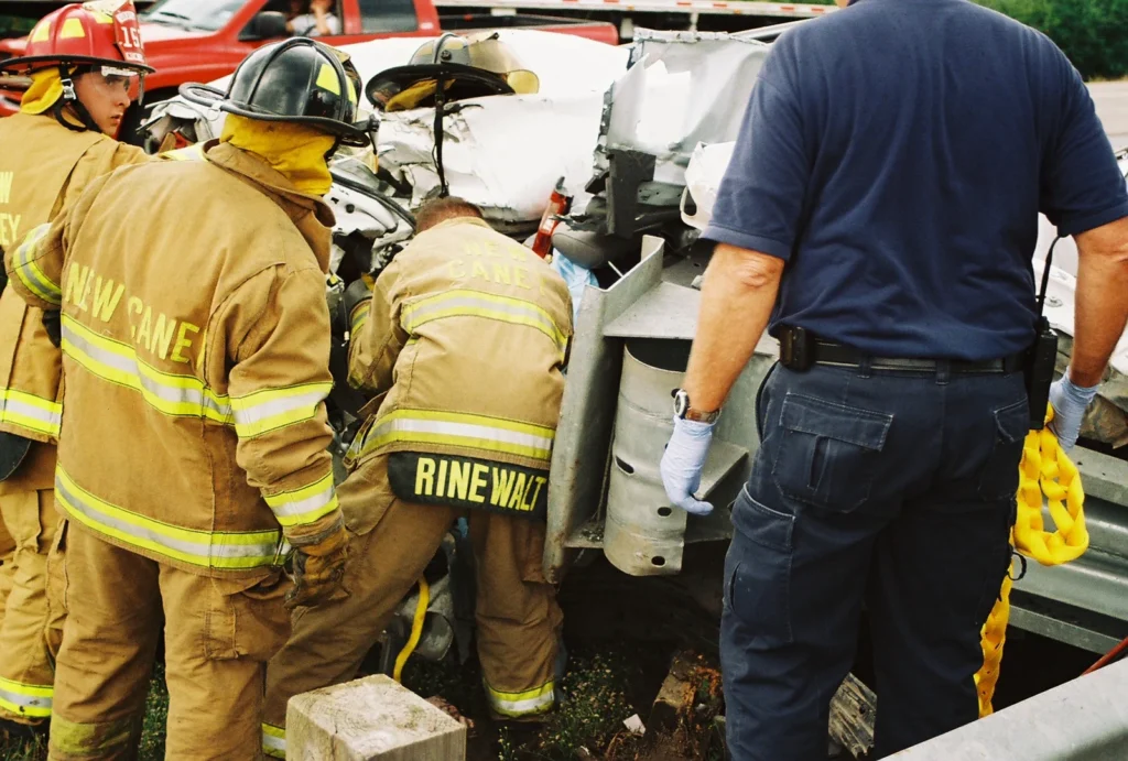 Firefighters and other emergency responders work beside the damaged white pickup.