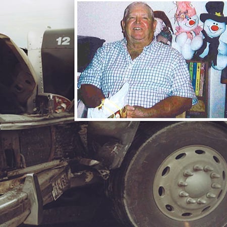 A smiling man’s portrait inset over a photograph of a damaged truck.