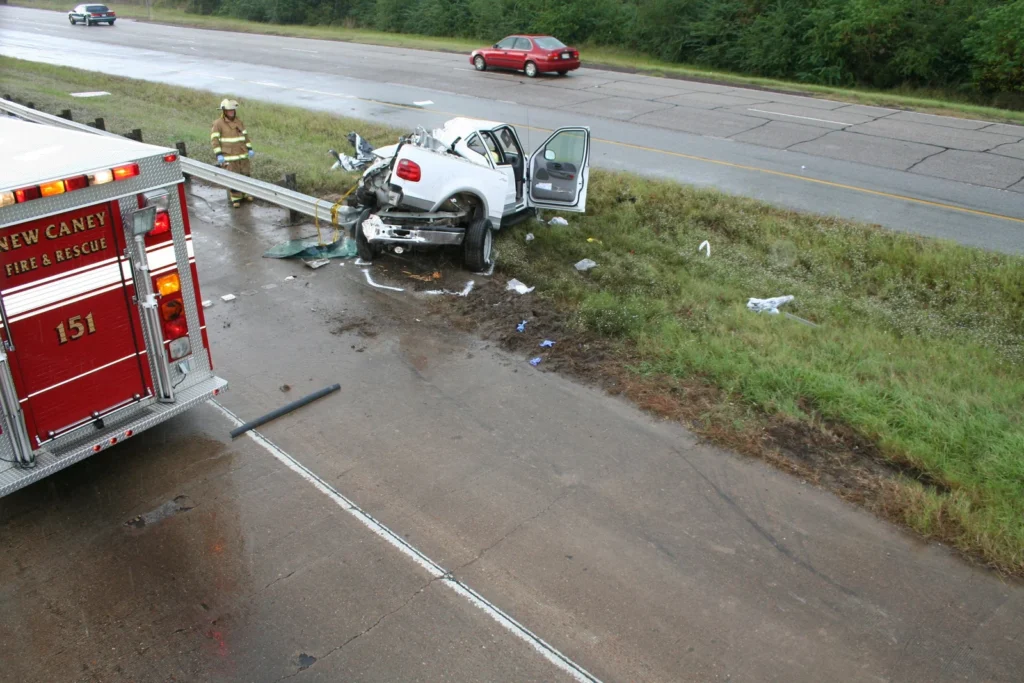 Elevated view of a damaged white pickup beside a guardrail and a New Caney Fire & Rescue vehicle.