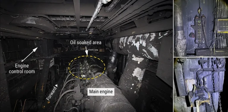 Fire damage in the M/V Stride’s engine room after the January 8, 2024 bunkering fire at Barbours Cut.