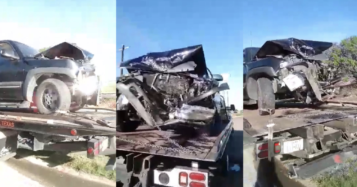 Three photographs of front-end damage to Wendy’s SUV on a flatbed.